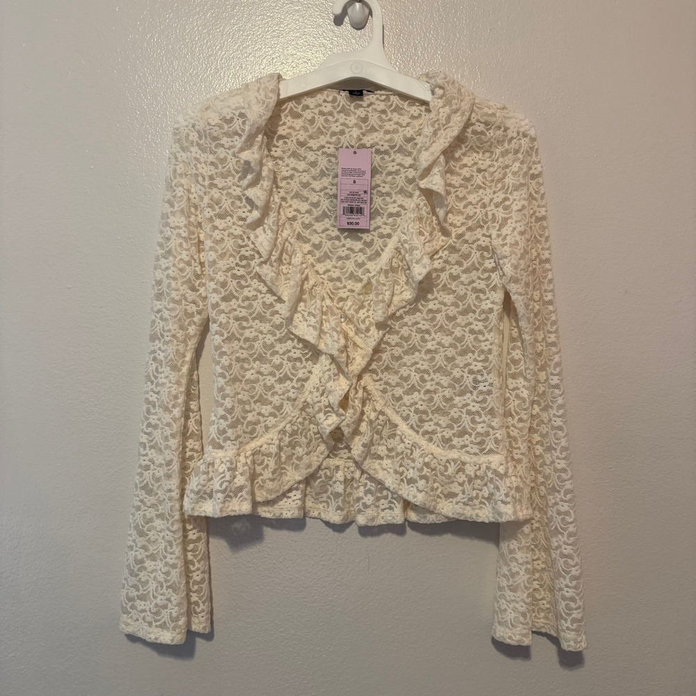 Wild Fable Women Cream Floral Lace Ruffle V-Neck Long Sleeve Cropped Top Small